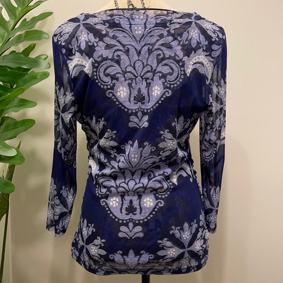 INC V neck Blue/White Motif Sheer Top - Picture 3 of 8